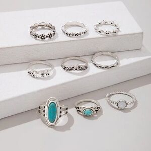 *DULCIE* 9-Pc Silver x Teal Elephant Fashion Ring Set